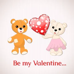 Gardinen Valentinsgrußkarte mit zwei Teddybären und rot gepunktetem Herz © Anikakodydkova