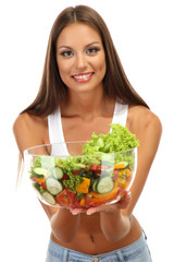 beautiful young woman with salad, isolated on white