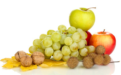 Naklejka na ściany i meble Zielony winogron z orzechów na białym