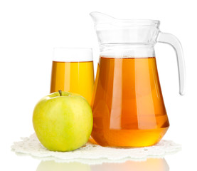 Full glass and jug of apple juice and apple isolted on white