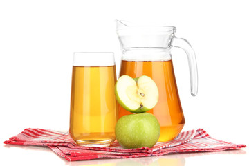 Full glass and jug of apple juice and apples isolted on white