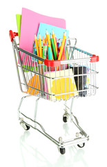 trolley with school equipment isolated on white