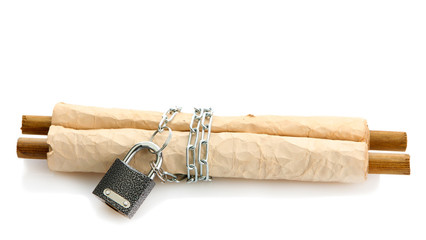 Old scroll with chain, isolated on white