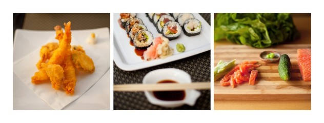 sushi tempura maki łosoś sezam nori ryba ryż japońskie - obrazy, fototapety, plakaty