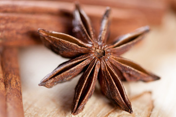 Close-up shot of a star anise and cinnamon sticks