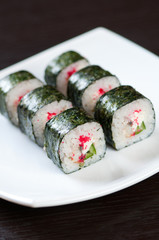 Set of Dragon rolls on a plate, vertical shot