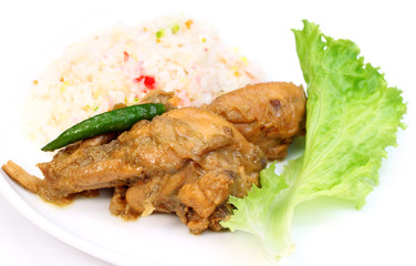 Pilaf with roasted chicken and lettuce