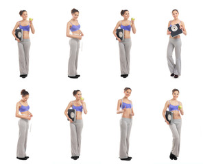Obraz premium A collage of young woman in sporty clothes holding scales