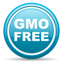 gmo free blue glossy icon on white background