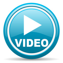 video blue glossy icon on white background