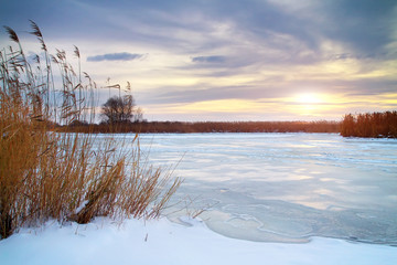 Winter landscape with sun and frozen river. - obrazy, fototapety, plakaty