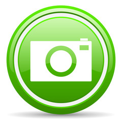 camera green glossy icon on white background