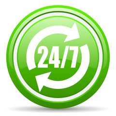 24/7 service green glossy icon on white background