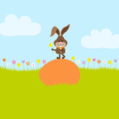 Bunny On Egg In Meadow Holding Daffodil