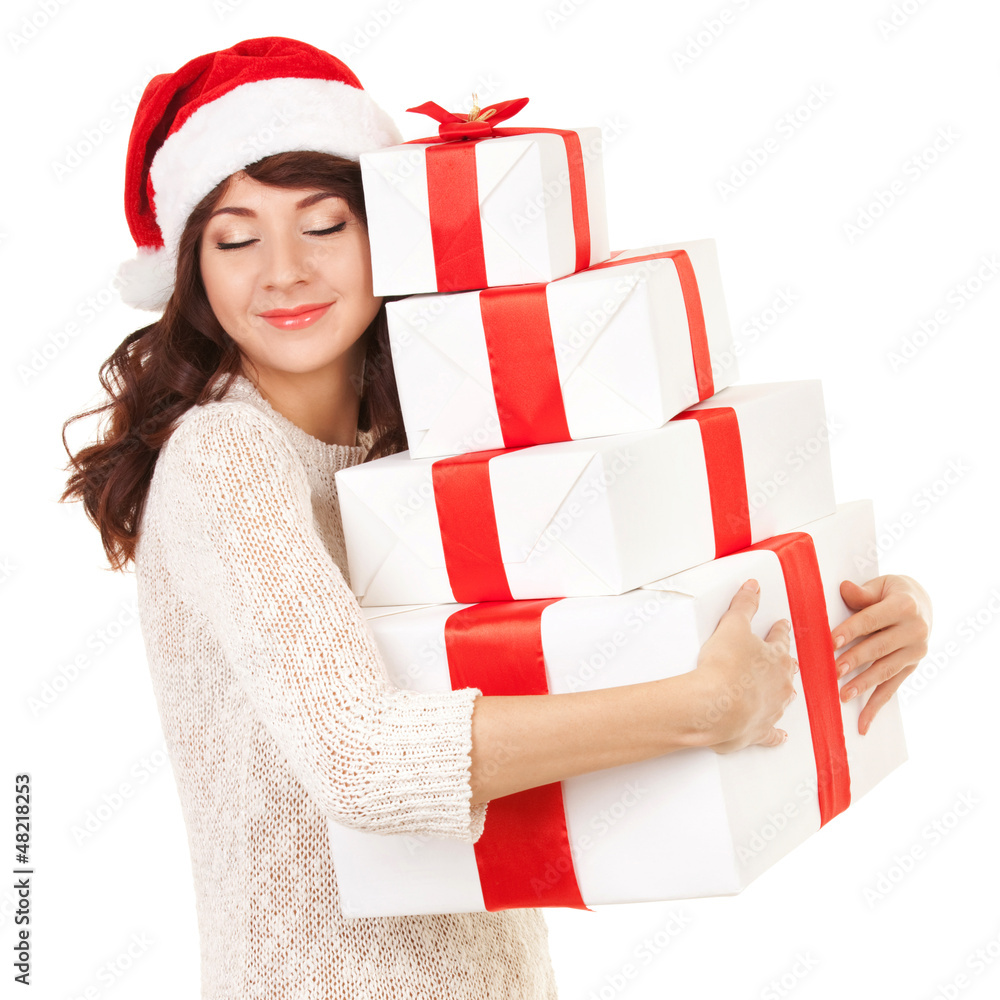 Wall mural Happy woman with gift boxes