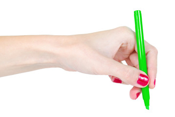 Woman hand is holding green marker