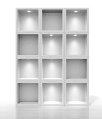 3d white shelves for exhibit