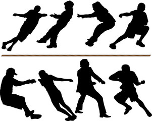 Tug of war or rope pulling vector silhouettes on white background. Editable