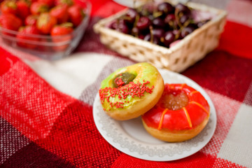 two glazed donuts for romantic picnic