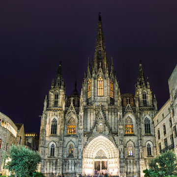 The Gothic Barcelona Cathedral At Night, Spain