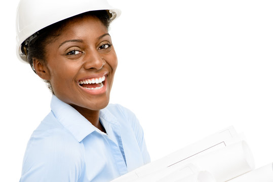 Happy African AMerican business woman architect holding blueprin - Powered by Adobe