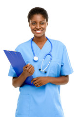 Happy African black female nurse doctor white background