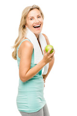 Healthy mature woman exercise green apple isolated on white back