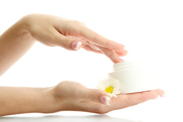 Beautiful woman hands with cream, isolated on white