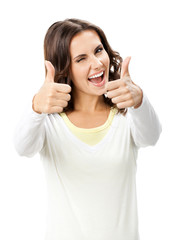 Woman showing thumbs up gesture, isolated