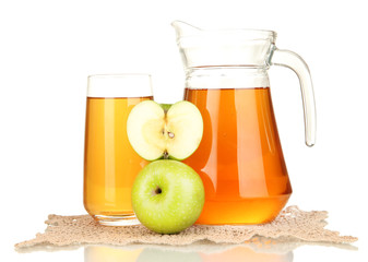 Full glass and jug of apple juice and apples isolted on white