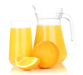 Full glass and jug of orange juice and oranges isolated on