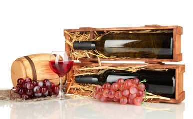 Wooden case with wine bottle, barrel, wineglass and grape
