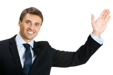 Businessman showing, on white