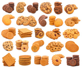 Photo collage of different cookies on white background