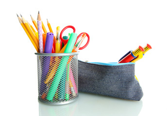 pencil box with school equipment isolated on white