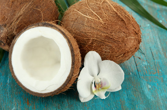 Coconuts with leaves and flower, on blue wooden background