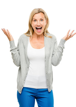 Mature woman excited isolated on white background