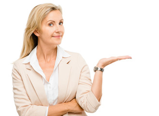 Mature woman showing empty copy space isoated on white backgroun
