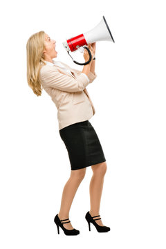 Mature woman holding magaphone shouting isolated on white backgr
