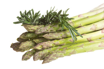 fresh asparagus spears with rosemary isolated on white