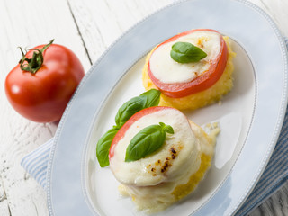 mozzarella tomatoes and porridge, vegetarian appetizer