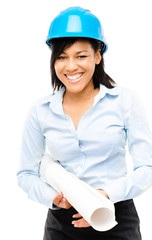 Happy mixed race business woman architect holding blue print iso