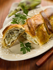 strudel with artichoke and ricotta, selective focus
