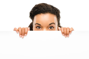 Pretty African American Businesswoman holding billboard isolated