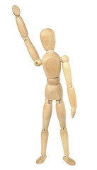 Wooden dummy with a hand up in the air
