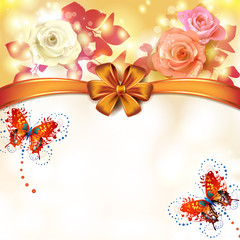 Background roses with orange bow and butterflies
