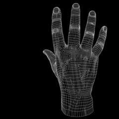 High resolution conceptual 3D cyber white wireframe human hand