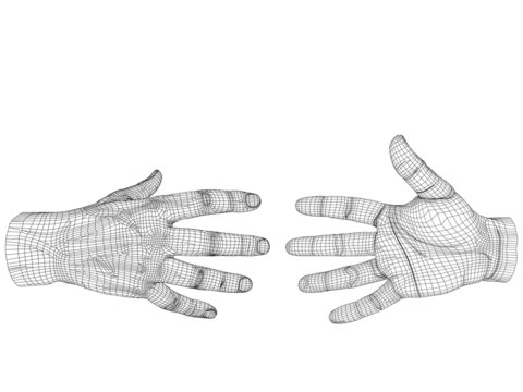 High resolution conceptual 3D cyber white wireframe human hand