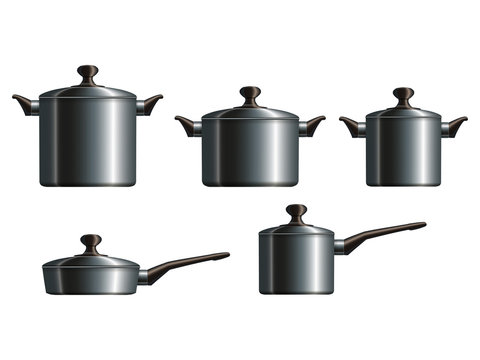 Set of five metal cooking pots. Eps10