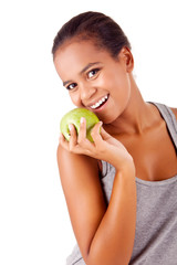 Beautiful african woman holding an apple - Healthy Life